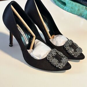 Manolo Blahnik Black Satin Heels with Embellished Buckle